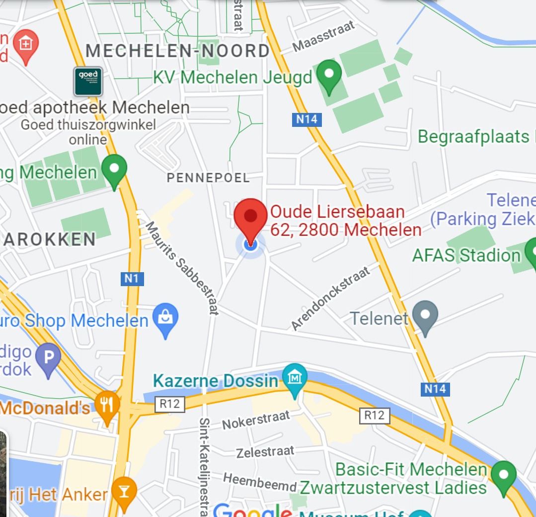 Kaart met locatiepin op Oude Liersebaan 62, 2800 Mechelen, België, met omliggende straten en herkenningspunten zoals Kazerne Dossin en Basic-Fit Mechelen.
