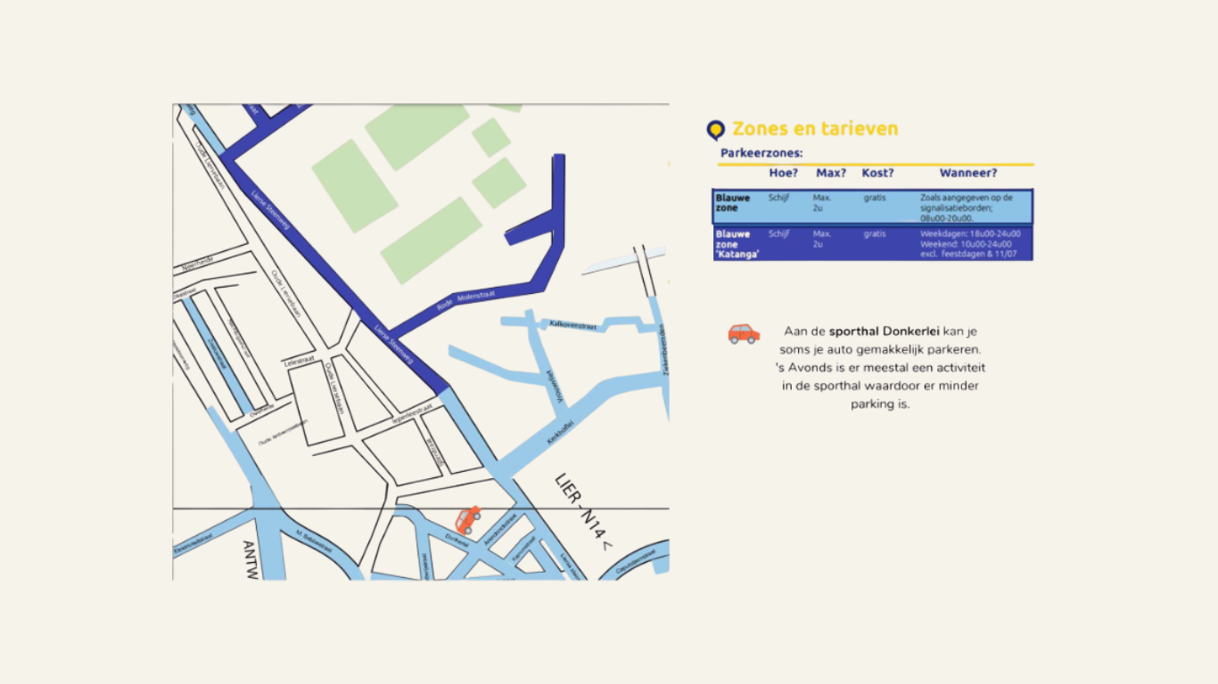 Kaart met parkeerzones rond Oude Liersebaan 62, Mechelen, inclusief blauwe zones en parkeerzone